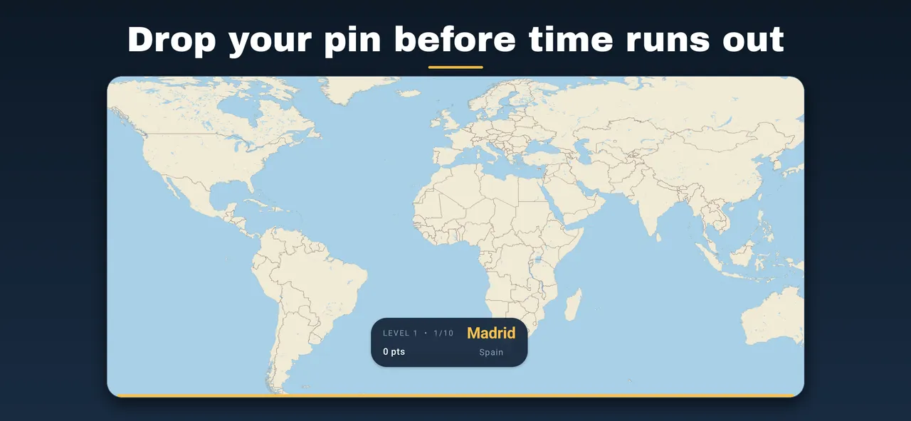 A MapTrotter campaign round asking for Madrid, Spain, on a world map with country borders