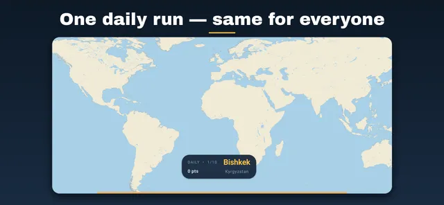 MapTrotter's daily run, city 1 of 10: Bishkek, Kyrgyzstan, on a world map without borders