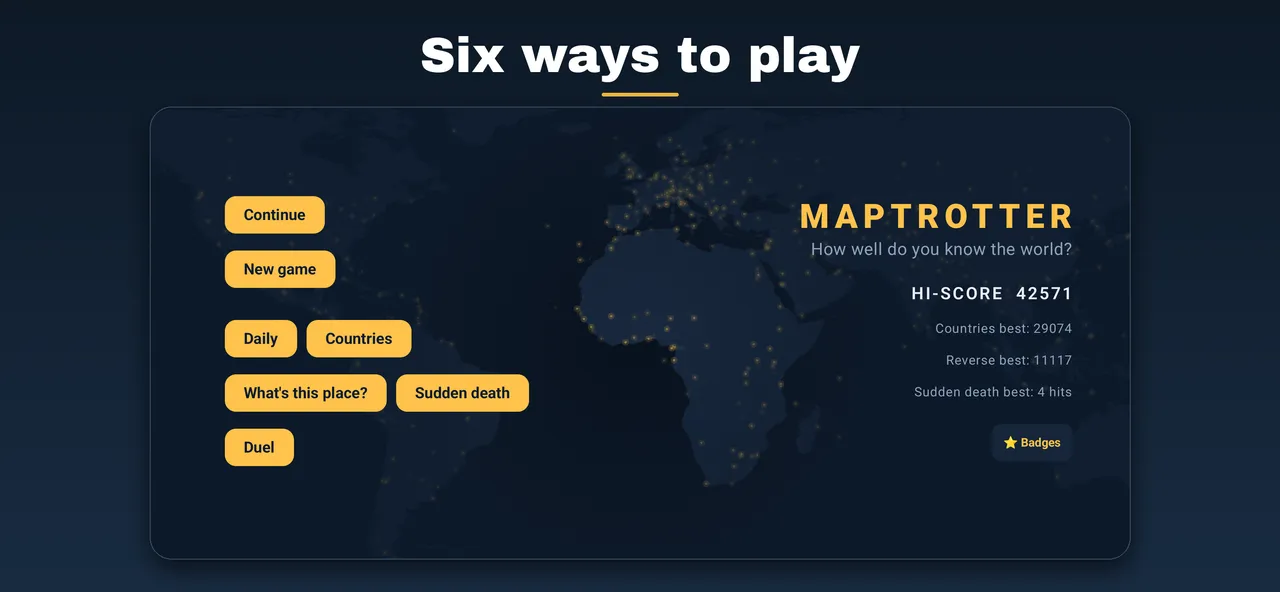 MapTrotter's main menu over a night map of Africa and Europe, with Daily, Countries, Sudden death and Duel buttons