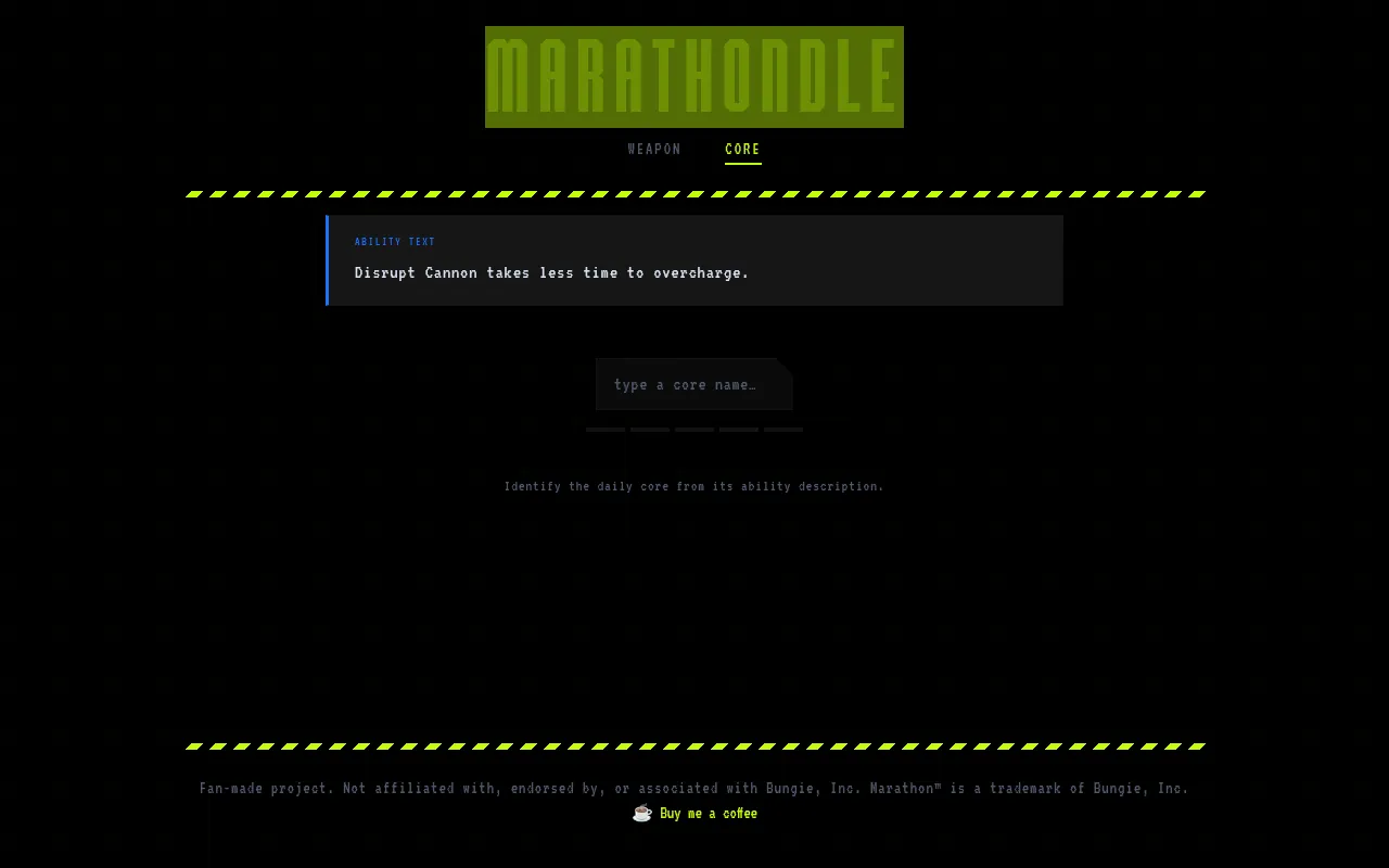 Marathondle's Daily Core puzzle on a desktop: the ability text 'Disrupt Cannon takes less time to overcharge.' above a type a core name box with five guess markers