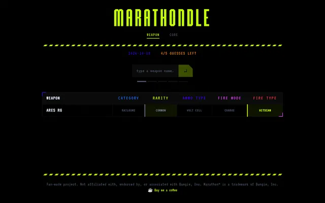 Marathondle's Daily Weapon for 2026-10-18 after one guess: Ares RG compared on category, rarity, ammo type, fire mode and fire type, with 4 of 5 guesses left