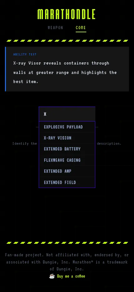 Marathondle's Daily Core on a phone: the ability text about the X-ray Visor above a core name box listing suggestions