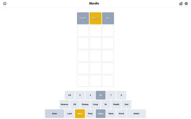 Mardle on 18 October 2026 at desktop size: a first guess of Super Mario 64 on the six-row board, with Mario in yellow and Super and 64 in grey, above the keyboard of Mario title words