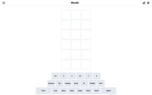 Mardle board: an empty grid of three-tile rows above a keyboard of Mario title words such as 2/II, 64, Advance, DS, Donkey, Kong, Kart, Land, Mario, Party, Super, Wario and World