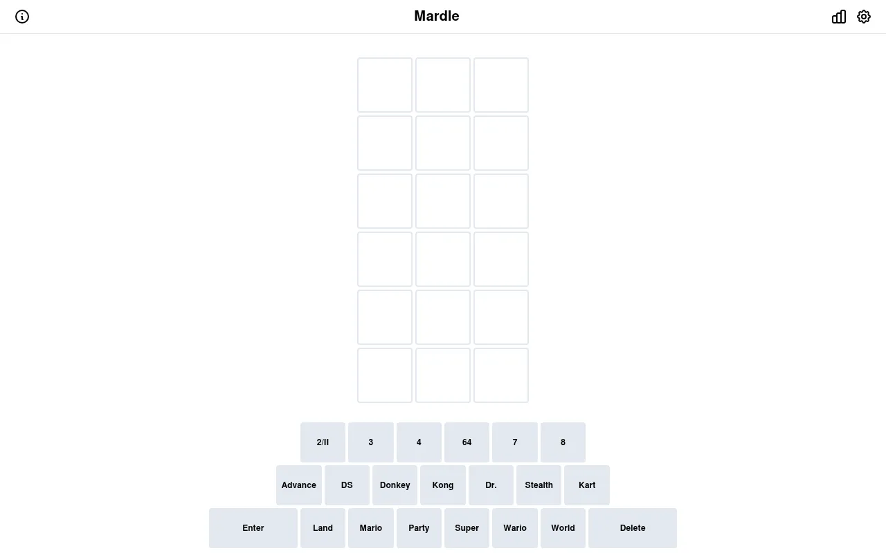 Mardle board: an empty grid of three-tile rows above a keyboard of Mario title words such as 2/II, 64, Advance, DS, Donkey, Kong, Kart, Land, Mario, Party, Super, Wario and World