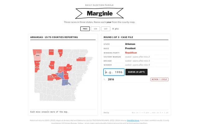 Marginle's daily presidential round for Arkansas after one guess: 15 of 75 counties reporting on the map, the case file showing a Republican win, and the guess 2016 marked within one cycle