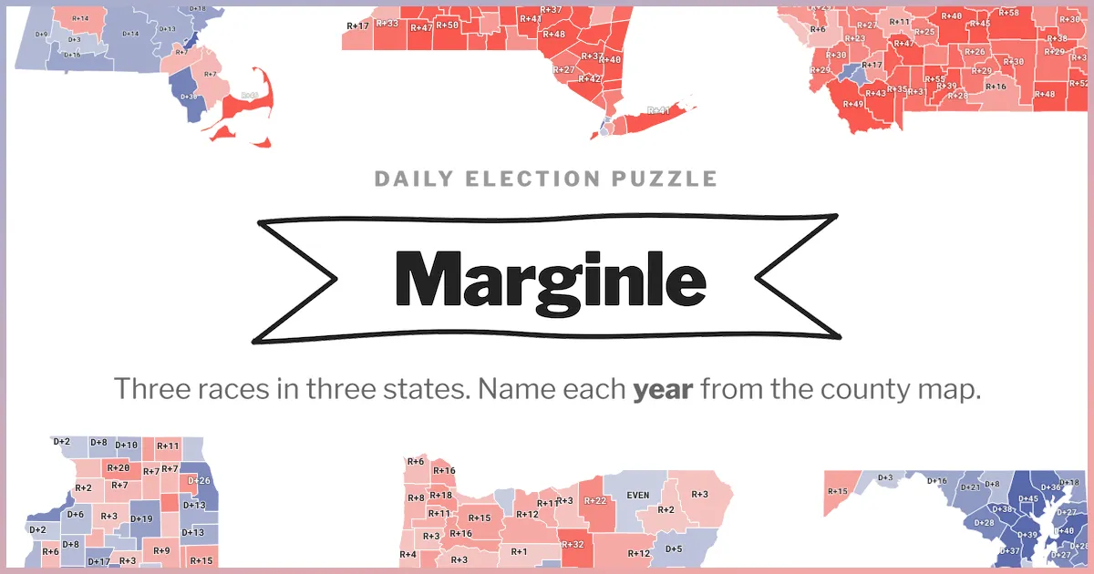 Marginle's card: Daily Election Puzzle, with county result maps coloured red and blue around the title