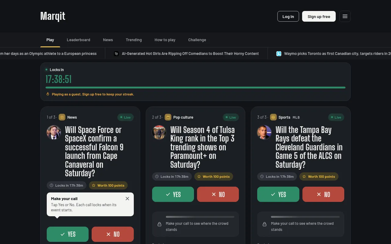 Marqit's Play tab with the day's three calls on news, pop culture and baseball, each with Yes and No buttons and a lock timer
