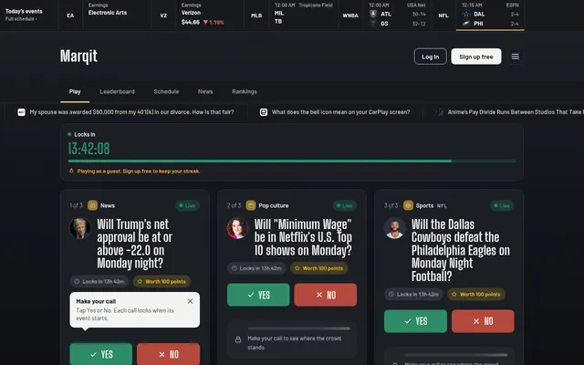 Marqit's Play tab on 26 October 2026: the day's three calls on news, pop culture and NFL football, each with Yes and No buttons, under a lock countdown