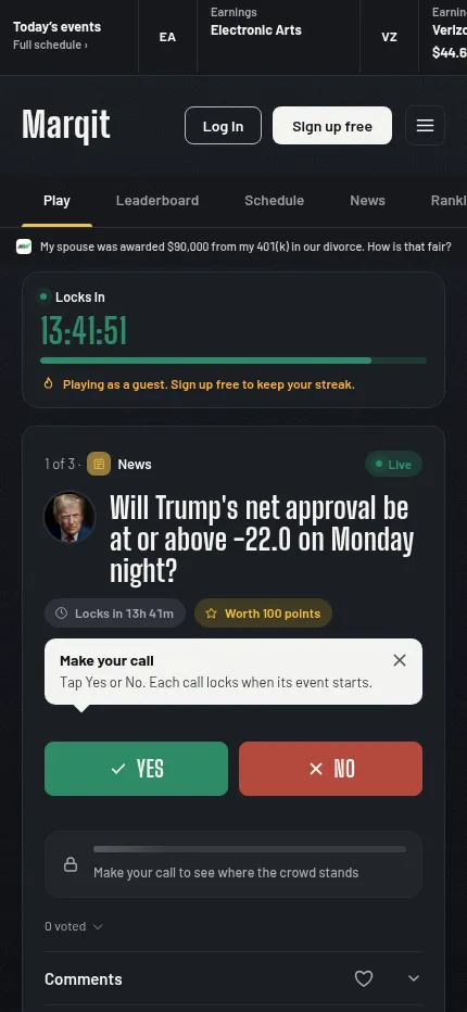 Marqit at phone size: the first of the day's three calls, on Trump's net approval, with its lock time, Yes and No buttons and the hidden crowd split