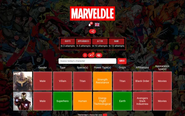 The Marveldle MCU board after two guesses, Iron Man and Thanos, with gender, type, species, power, origin and affiliation tiles marked green, orange or red