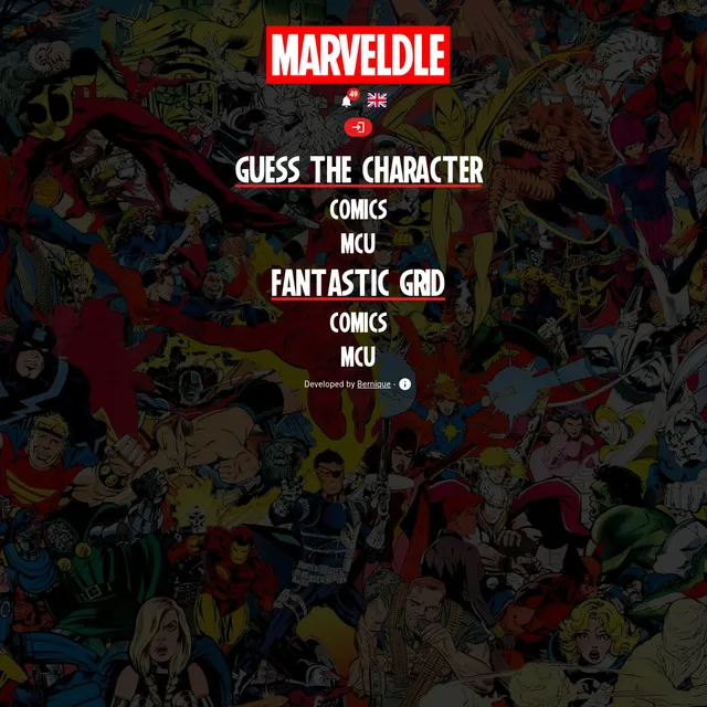 Marveldle home page over a collage of Marvel characters, with Guess The Character (Comics, MCU) and Fantastic Grid (Comics, MCU) menus, credited to developer Bernique.