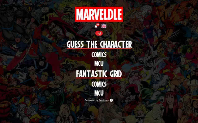 The Marveldle home page over a collage of Marvel comic characters, with Guess The Character and Fantastic Grid menus, each for Comics and MCU