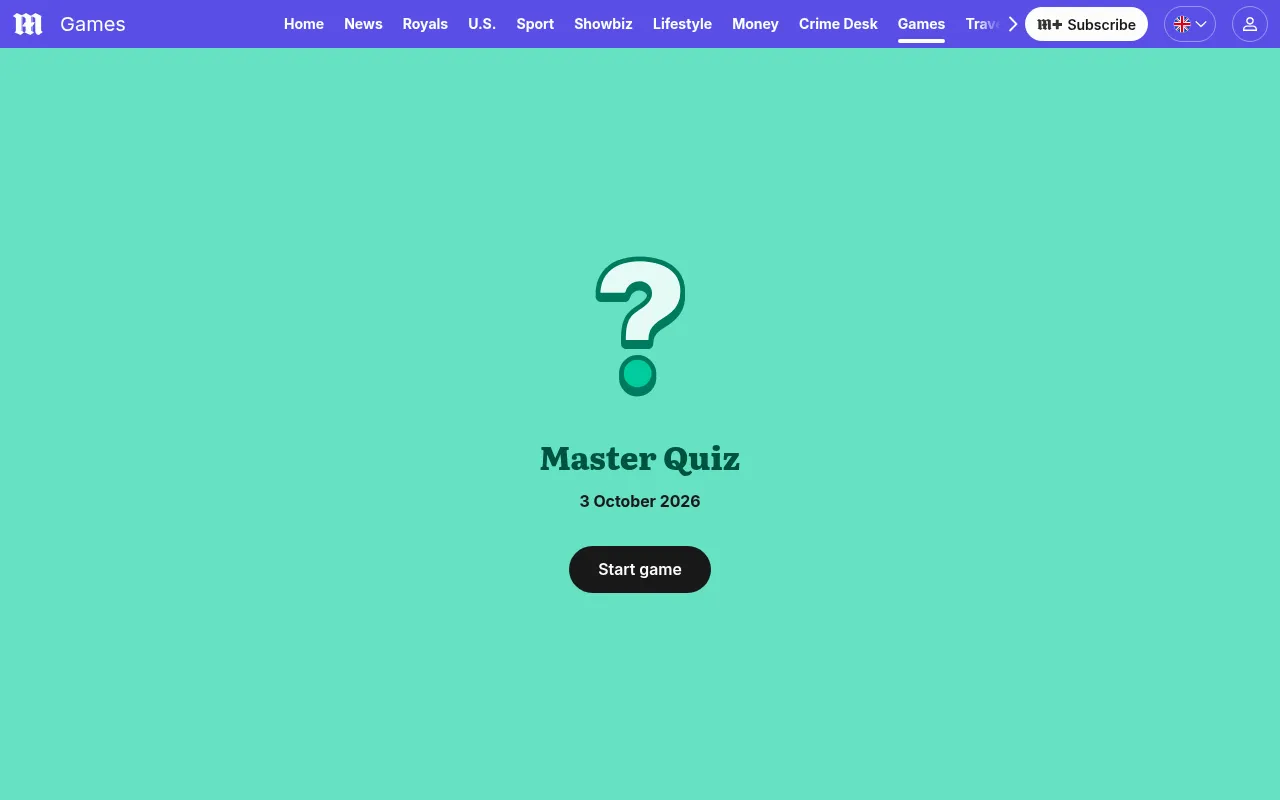 The Master Quiz start screen on the Daily Mail games page: the game's question-mark icon and name, the date 3 October 2026 and a button to start the day's quiz
