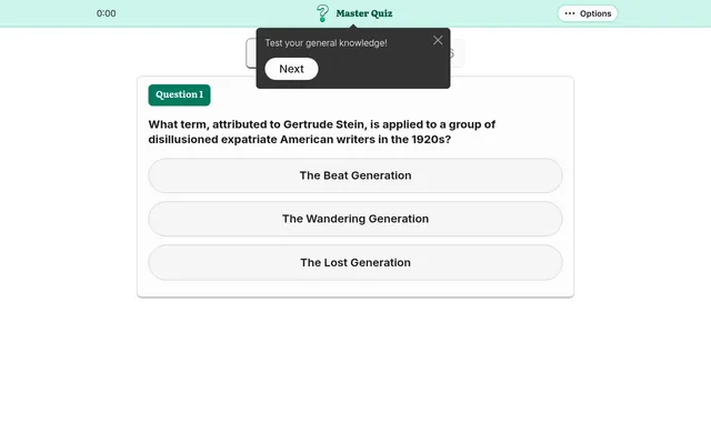 Master Quiz for 3 October 2026: question 1 asks which term attributed to Gertrude Stein describes 1920s expatriate American writers, with three answer buttons, a timer and a first tip reading Test you