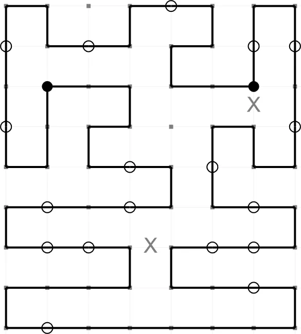 A completed Masyu from PuzzleMadness's rules, one black loop through every black and white circle on a grid of dots