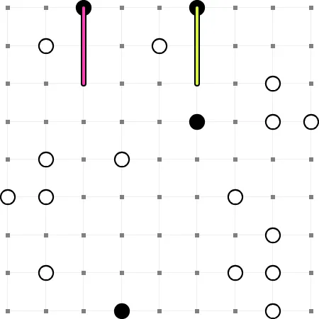 Today's 9x9 medium Masyu grid on PuzzleMadness, 28 October 2026, black and white circles on grey dots with the first two forced lines drawn down from the top black circles