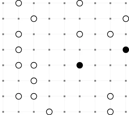 Today's medium Masyu grid on PuzzleMadness, a field of grey dots with white and black circles and no loop drawn yet
