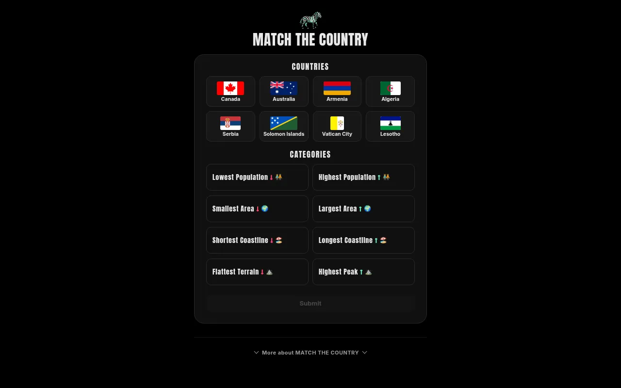 Match the Country board: eight country flags (Canada, Australia, Armenia, Algeria, Serbia, Solomon Islands, Vatican City, Lesotho) above eight categories from Lowest Population to Highest Peak