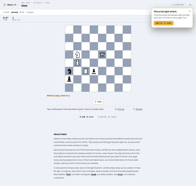 Mate on Mind Loft for October 3, 2026: a chessboard with a white queen, rook, knight and pawn against the black king, knight and pawn, captioned White to play, mate in 2, with Hint, Give up and Restar