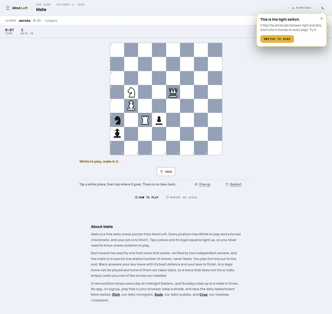 Mate on Mind Loft for October 3, 2026: a chessboard with a white queen, rook, knight and pawn against the black king, knight and pawn, captioned White to play, mate in 2, with Hint, Give up and Restar