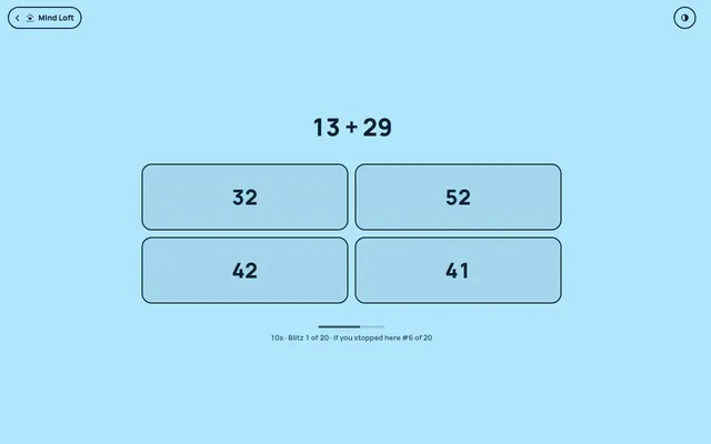 Math Gauntlet on 26 October 2026: the first Blitz problem, 13 + 29, with four answer choices (32, 52, 42, 41) and the countdown bar below