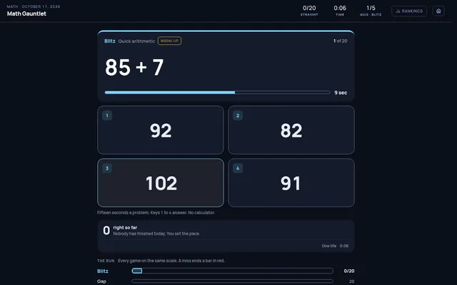 Math Gauntlet in play: the first Blitz problem, 85 + 7, with four answer choices, a countdown bar and the run's progress bars below