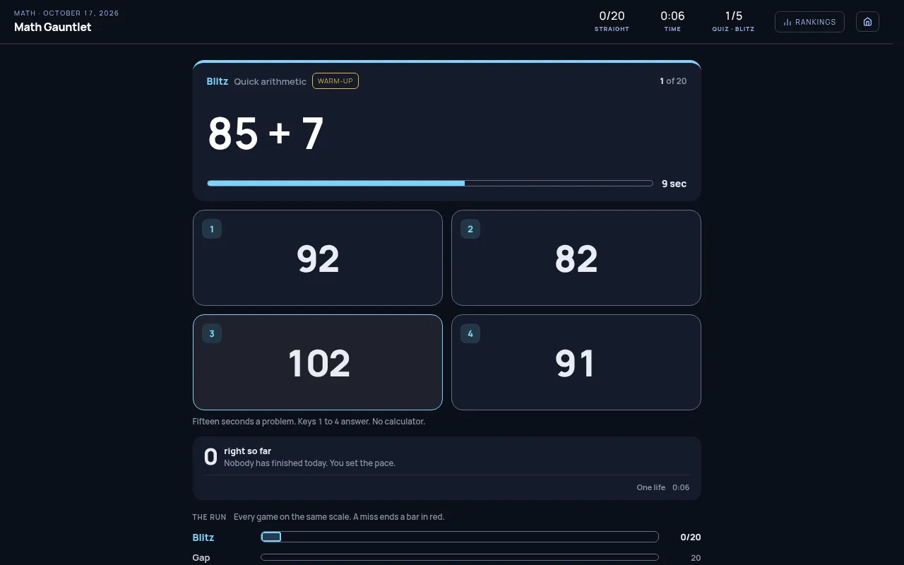 Math Gauntlet in play: the first Blitz problem, 85 + 7, with four answer choices, a countdown bar and the run's progress bars below
