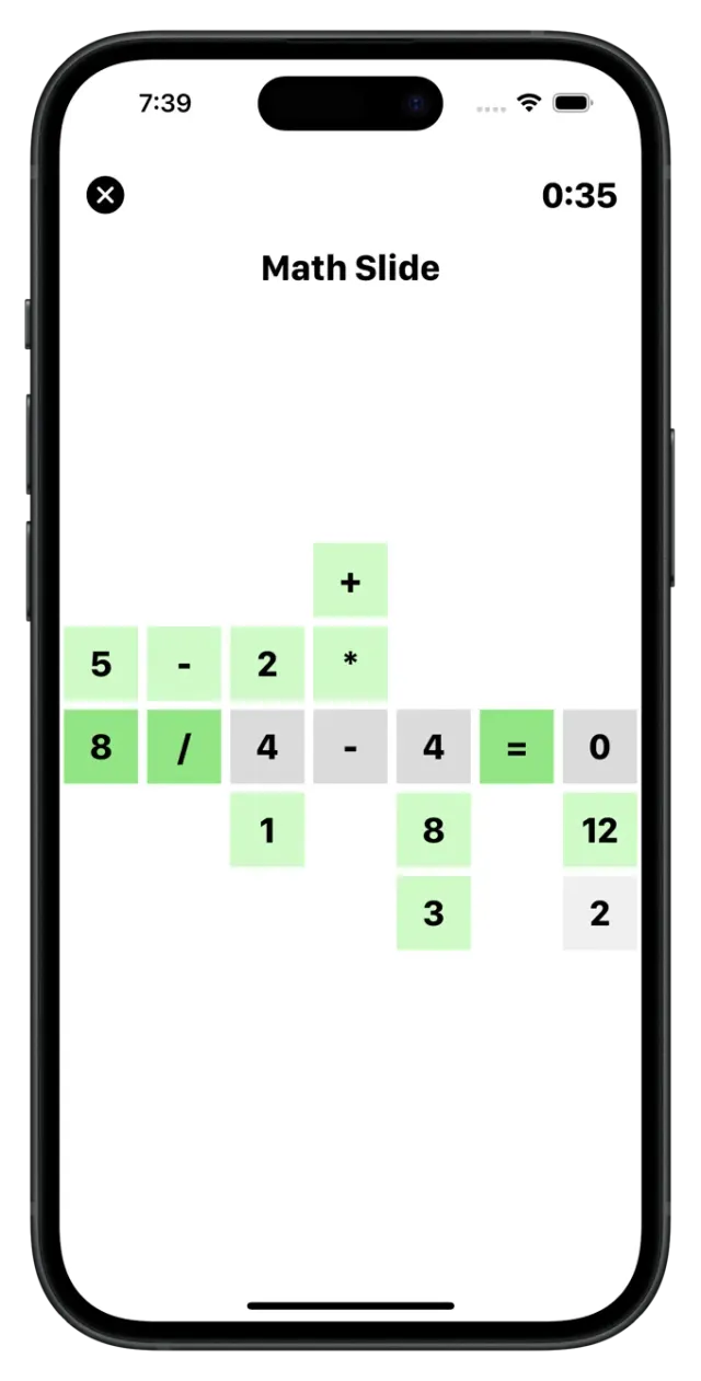 Math Slide on a phone: columns of numbers and signs with the middle row showing 8 / 4 - 4 = 0 in green and grey tiles, and a timer at 0:35