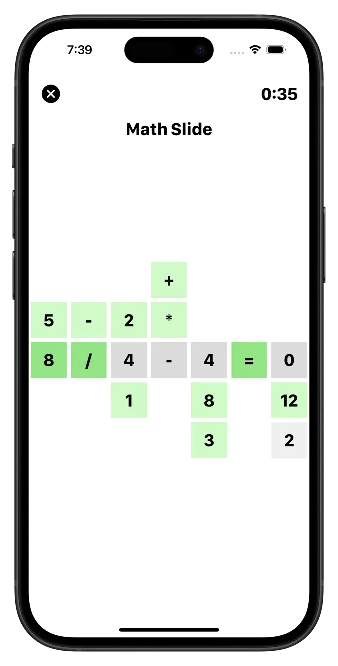 Math Slide on a phone: columns of numbers and signs with the middle row showing 8 / 4 - 4 = 0 in green and grey tiles, and a timer at 0:35