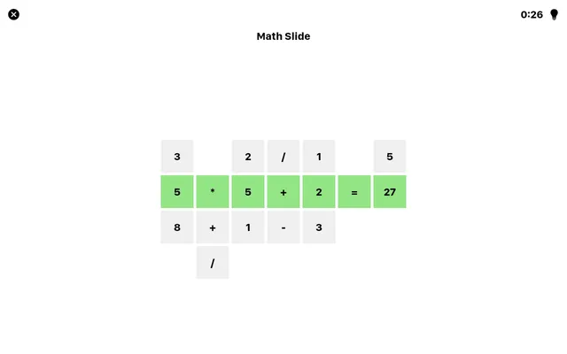 The Math Slide board of 18 October 2026 in a browser: the middle row reads 5 * 5 + 2 = 27 in green, with other numbers and signs above and below, timer at 0:26