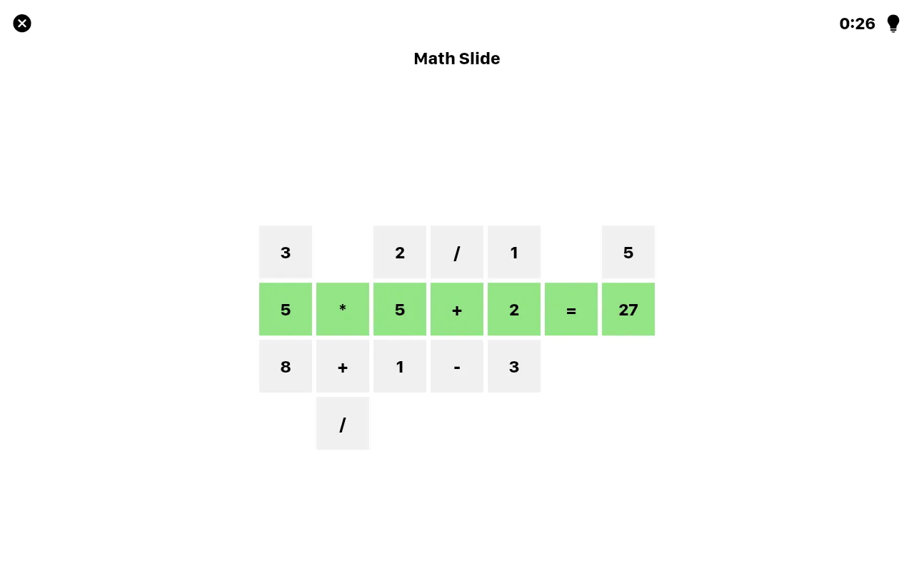 The Math Slide board of 18 October 2026 in a browser: the middle row reads 5 * 5 + 2 = 27 in green, with other numbers and signs above and below, timer at 0:26