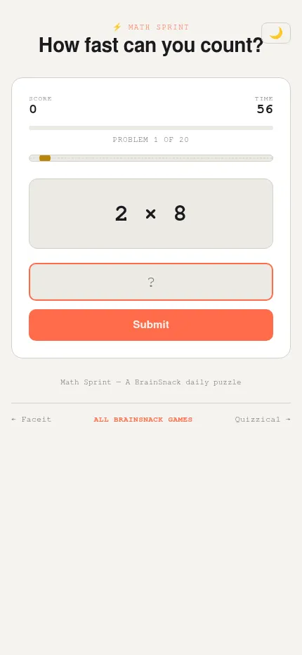 Math Sprint on a phone: problem 1 of 20, 2 x 8, with the answer box and Submit button
