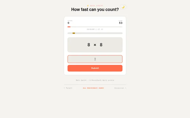 Math Sprint on a desktop: problem 2 of 20, 8 x 8, with the score, the timer at 53 seconds and the answer box