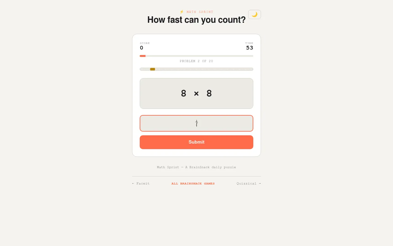 Math Sprint on a desktop: problem 2 of 20, 8 x 8, with the score, the timer at 53 seconds and the answer box