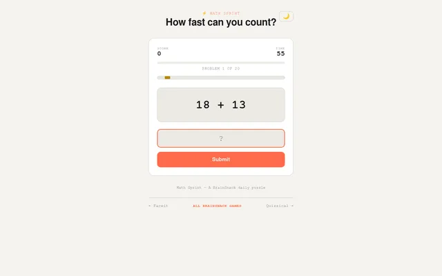 Math Sprint in progress: problem 1 of 20, 18 + 13, with the score, the timer and an answer box