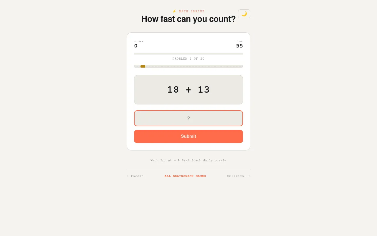 Math Sprint in progress: problem 1 of 20, 18 + 13, with the score, the timer and an answer box