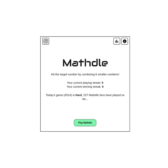 Mathdle start screen: 'Hit the target number by combining 6 smaller numbers!', streak counts and 'Today's game (#514) is Hard' with a Play button