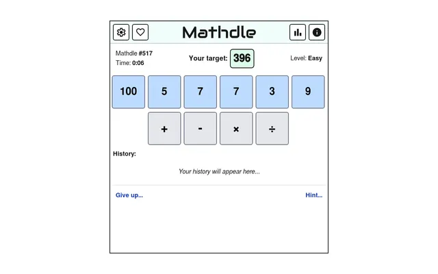 Mathdle puzzle #517: target 396 with the numbers 100, 5, 7, 7, 3 and 9, the four operator buttons and an empty history panel