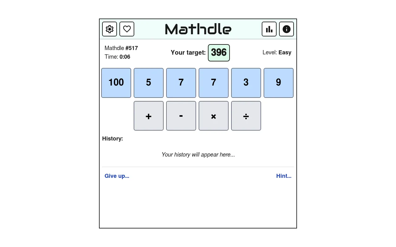 Mathdle puzzle #517: target 396 with the numbers 100, 5, 7, 7, 3 and 9, the four operator buttons and an empty history panel