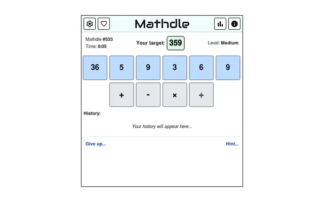 Mathdle #533 (Medium): target 359 with the numbers 36, 5, 9, 3, 6 and 9, the four operator buttons, an empty history and Give up and Hint links