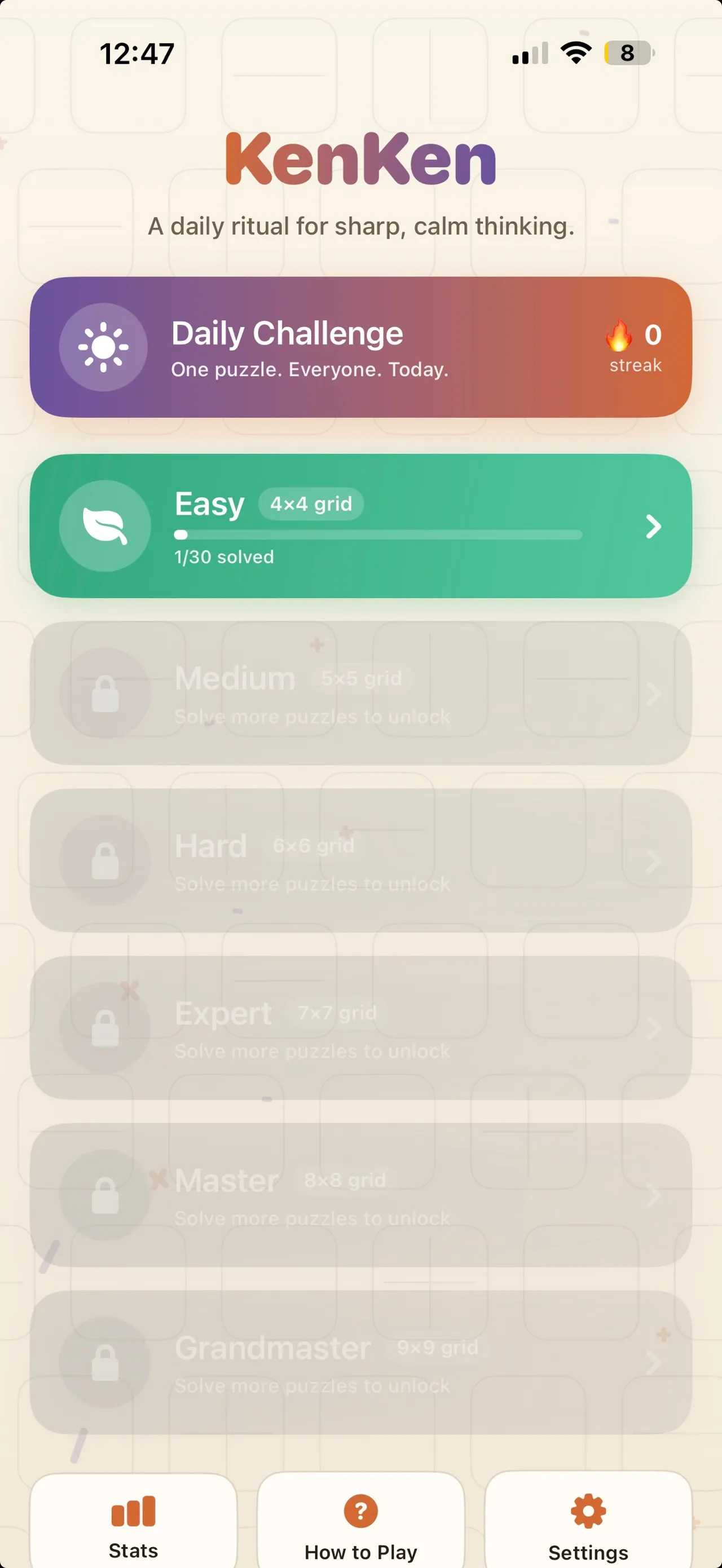 MathDoku's home screen: a Daily Challenge card reading 'One puzzle. Everyone. Today.' with a streak, above the Easy to Grandmaster tiers