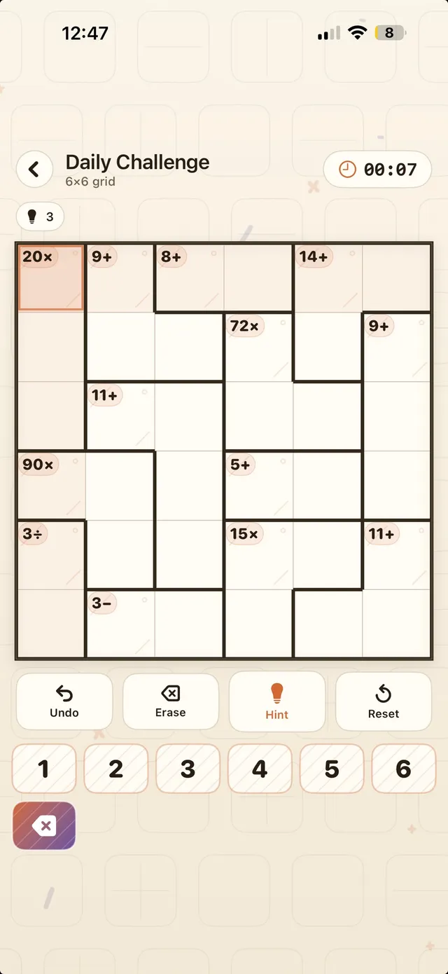 MathDoku's Daily Challenge: an empty 6x6 grid of cages such as 20x, 9+, 8+, 72x and 90x, a timer at 00:07, and the number pad