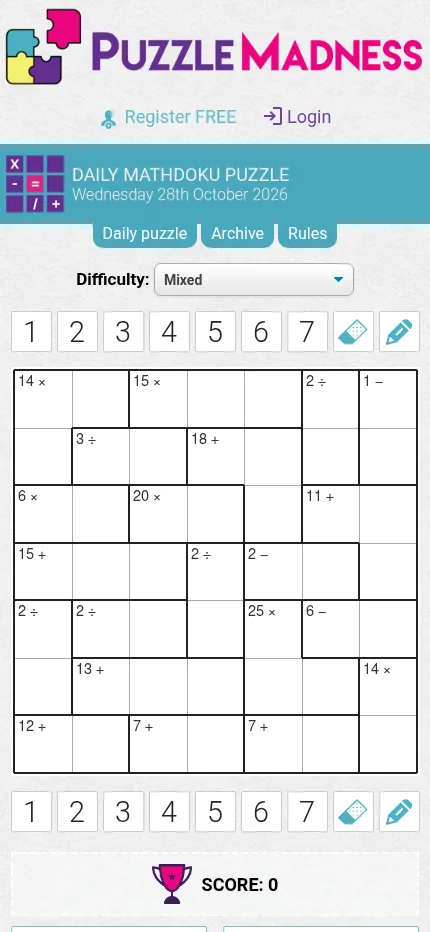 The Mixed Mathdoku page for 28 October 2026, a 7x7 grid of its own with cages such as 14x, 15x and 2/