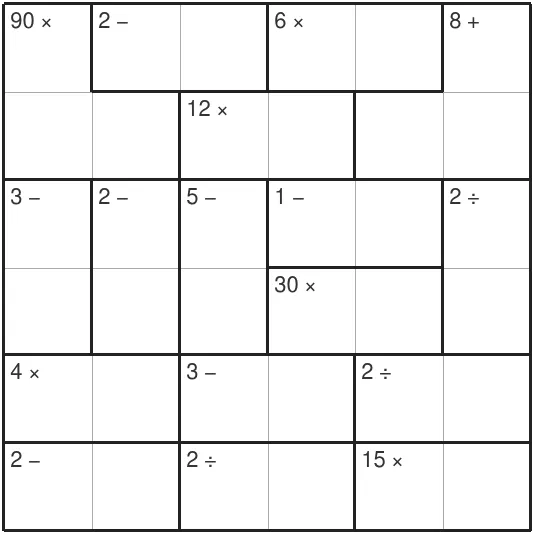 Today's medium 6x6 Mathdoku grid on PuzzleMadness, empty cages with targets such as 90x and 2-