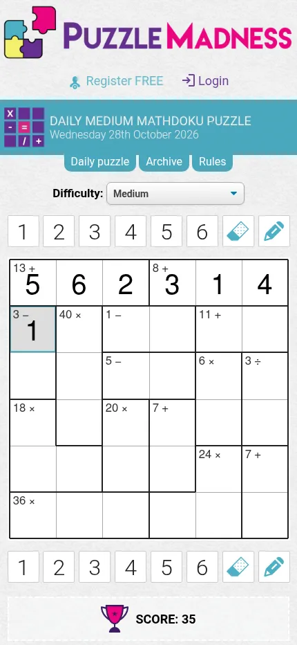 Today's medium 6x6 Mathdoku grid on PuzzleMadness at phone size, the first row filled in and the score at 35