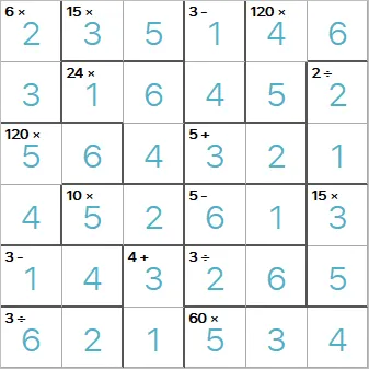 A completed 6x6 Mathdoku example from PuzzleMadness's rules, with cage targets and operations