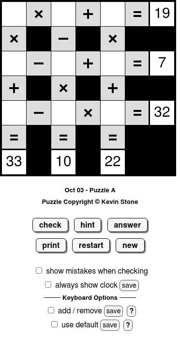 BrainBashers MathemaGrids for 3 October, Puzzle A: a 3x3 grid of empty squares joined by plus, minus and times signs, with row totals 19, 7 and 32 and column totals 33, 10 and 22