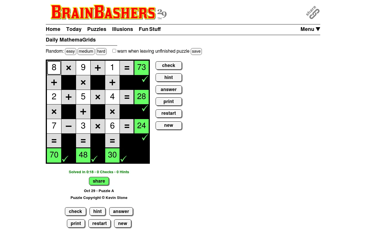 The same 29 October MathemaGrids solved, every total turned green with a tick, and the line Solved in 0:18, 0 Checks, 0 Hints above a share button