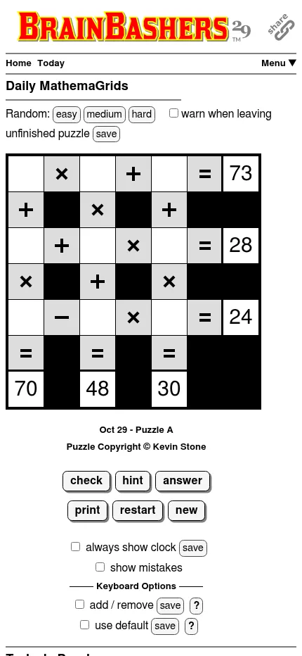 MathemaGrids Puzzle A for 29 October at phone width: the whole grid and its totals fit the screen, with the check and hint buttons below